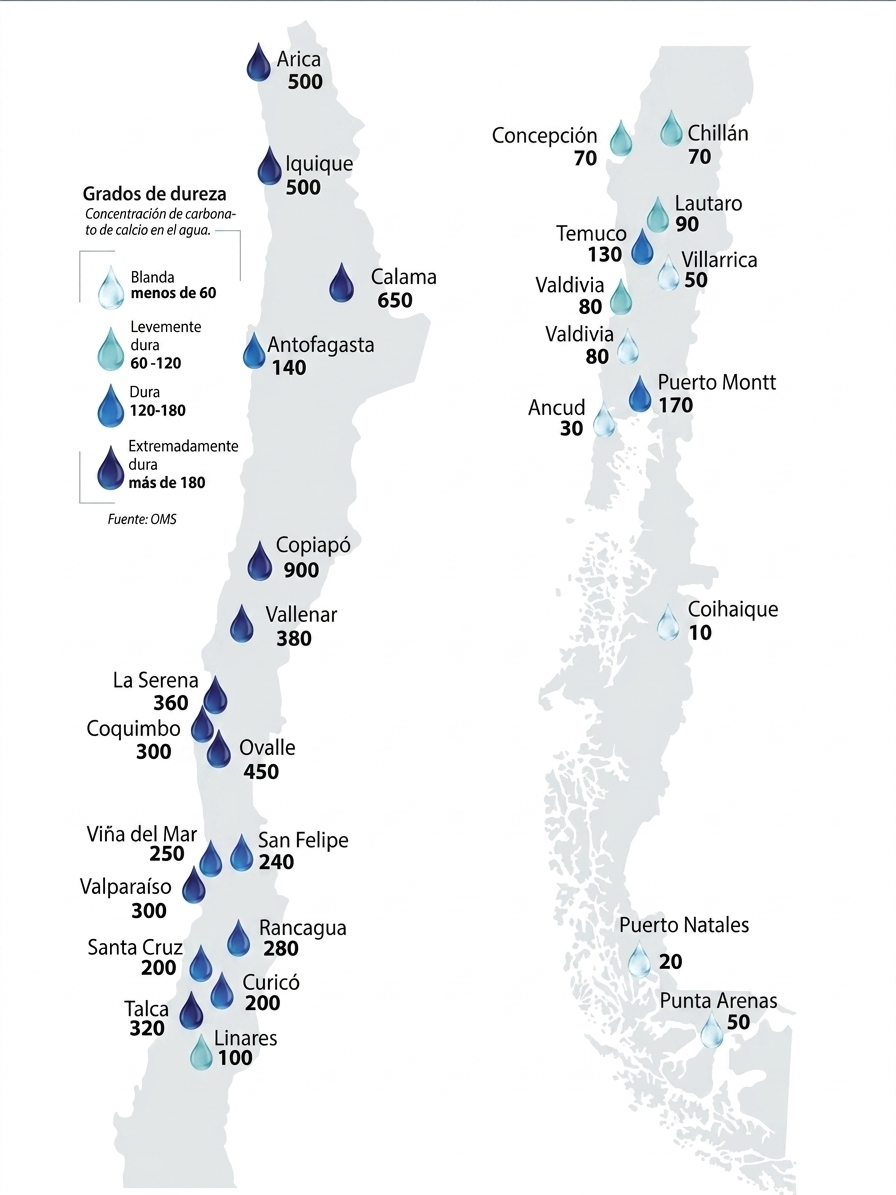 Mapa de dureza del agua en Chile