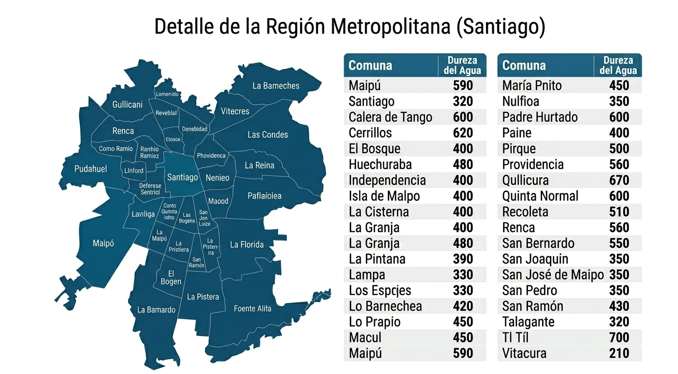 Dureza del agua por comunas de la Región Metropolitana